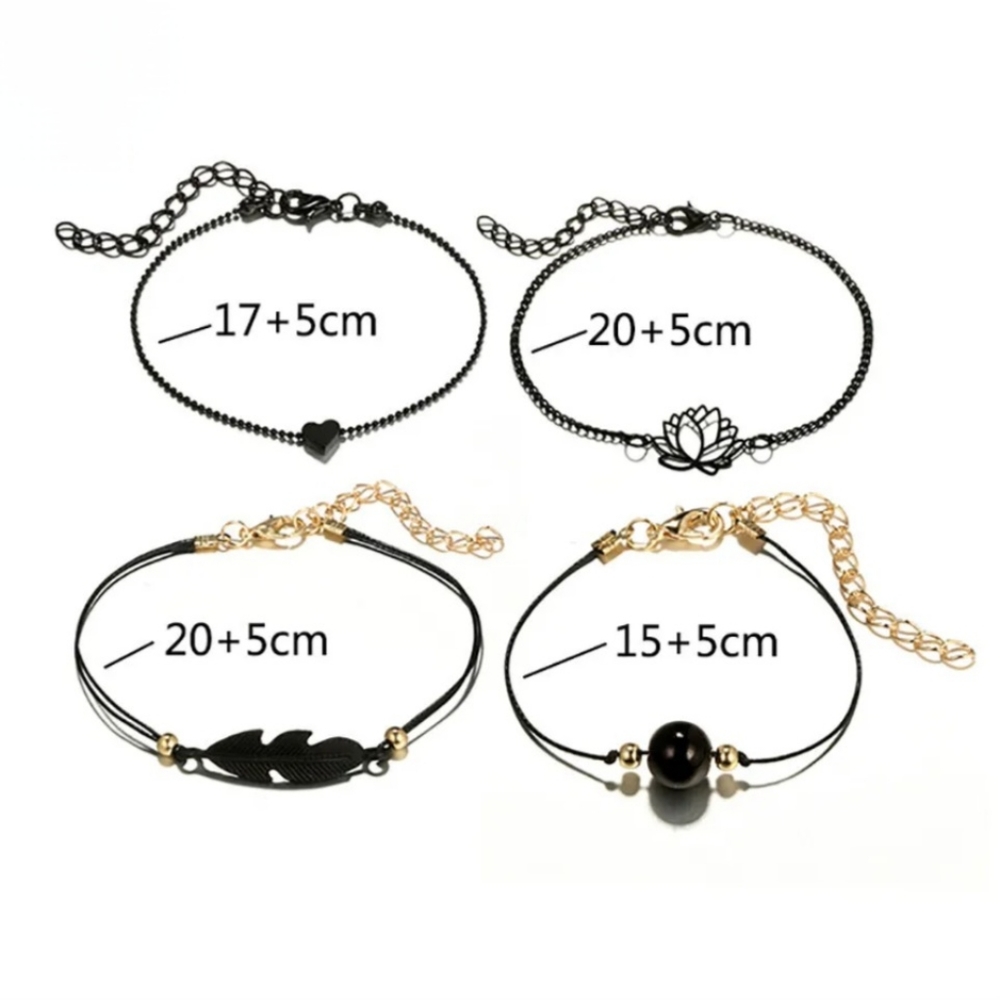 4pc Black & Gold Charm Layering Bracelets Feather Lotus Flower Heart Bead - Picture 10 of 13